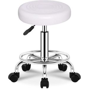 FXLUHAY Moderne rollende draaibare massagesalon met wielen en dikkere zitkussen, verstelbare hydraulische krukken, PU-lederen barkruk, winkelkruk met voetsteun, tatoeage, gezichtsspa (wit)