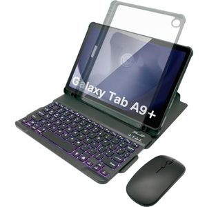 Toetsenbordhoes Voor Samsung Galaxy Tab A9 Plus / A9+ 11 Inch 2023, 360 Graden Draaibare Hoes met Verlicht Afneembaar Toetsenbord, Bluetooth-Muis,zwart