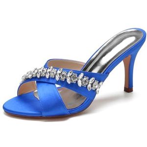 SYDZSW Ivoor trouwschoenen met naaldhak, bruidsschoenen, hoge hakken, satijn, sandaal, riem met strass, 35-42, Blauw, 35 EU