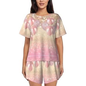 YQxwJL Roze Glitter Ballon Print Vrouwen Pyjama Sets Shorts Korte Mouw Lounge Sets Nachtkleding Casual Pjs Met Zakken, Zwart, S