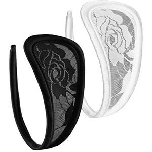 lau-fashion Set van 2 kanten dames C-string slip mini bikini zwart wit onderbroek lingerie S/M/L, zwart, wit, S-L