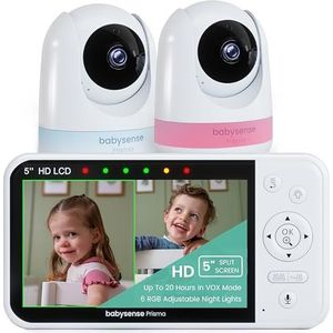 Babysense Prisma Babyfoon met 2 camera's en audio, 5 inch HD-video-babyfoon, 6 kleuren nachtlampje, gedeeld scherm, babygeluidsmachine met witte ruis en slaapliedjes, veilig zonder wifi