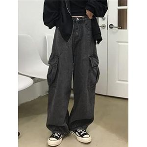 Grunge Streetwear Grijze Baggy Jeans Vrouwen Koreaanse Mode Oversized Zakken Cargo Denim Broek Hip Hop Wijde Pijpen Broek
