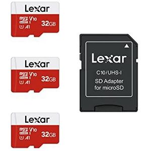 Lexar Micro SD Kaart 32GB 3-Pack E-Serie, microSDHC UHS-I Geheugenkaart met Adapter - Tot 100 MB/s, A1, U1, Class10, V10, Hoge Snelheid TF-kaart (3 microSD-kaarten + 1 Adapter)