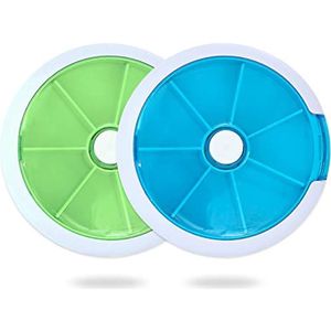 YUTOU 2 stuks tablettenbox, 7 dagen, rond, pillendoos, klein, medicijnbox, 7 dagen, tabletten, weekbox met 7 vakken, draagbare medicijndoseerder voor thuis en op reis, blauw + groen