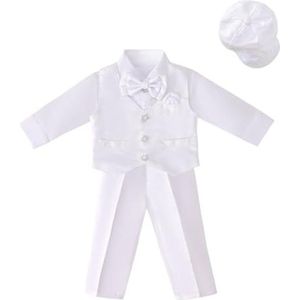 Lito Angels Baby Jongens Doopsel Doop Wit Satijn Pak Kleding Doopkleding Doopkostuum Set met Kap Maat 68 (Leeftijd 3-6 maanden)