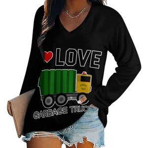 I Love Garbage Trucks Casual T-shirts met lange mouwen voor dames, V-hals, bedrukte grafische blouses T-shirttops, 5XL