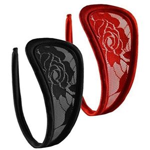 lau-fashion Set van 2 kanten dames C-string slip mini bikini zwart rood onderbroek lingerie S/M/L, zwart, rood