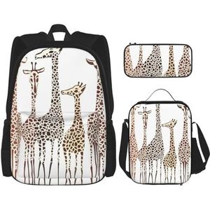 MDATT Leuke Cartoon Grappige Giraffen Rugzak met Lunch Box Anime Rugzak Schooltas Boekentas Rugzak Set voor Drie, Zwart, Eén maat, Schooltas Set