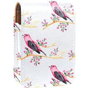Make-up Lipstick Case voor Buiten Roze Vogels Op Tak Draagbare Lippenstift Organizer met Spiegel Dames Mini Make-up Tas Neemt Tot 3 Lippenstift