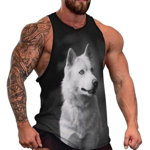 Witte Husky op zwarte heren tanktop grafische mouwloze bodybuilding T-shirts casual strand T-shirt grappige sportschool spier