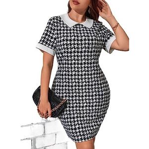 voor vrouwen jurk Plus bodycon-jurk met contrasterende kraag en pied-de-poule-print (Color : Black and White, Size : XL)