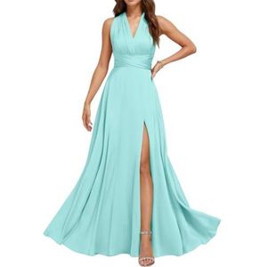 Chiffon bruidsmeisjesjurken voor dames, met split, lange baljurken, cocktailjurken, grote maten, Hemelsblauw, 32