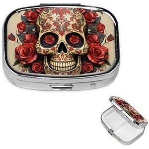 Pillendoosje met spiegel kleine pillenorganizer 2 compartimenten rode roos suiker schedel reizen pillendoos voor portemonnee of zak draagbare pillencontainer schattige medicijnorganizer