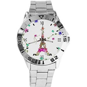 Art Design Kleurrijke Bloem Stijl Eiffeltoren Ontwerp Analoog Polshorloge Quartz Zilveren Wijzerplaat Klassieke Roestvrij Stalen Band Dames Heren Horloge