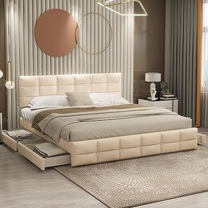 Gestoffeerd bed 180 x 200 cm, tweepersoonsbed met 4 laden, lattenbodem en rugleuning, huidvriendelijk tweepersoonsbed van fluweel, voor volwassenen en jongeren, matras niet inbegrepen (beige)