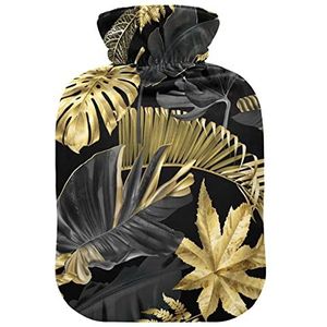 YOUJUNER Warmwaterkruik met gouden zwarte tropische palmbladeren Cover 2 liter grote warmwaterzak warm comfort hand voeten warmer