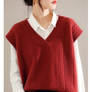 Gebreide Gilets,Vrouwen Gebreide Trui Vest Vintage Rood Dikker Kabel Gebreide Wol V-Hals Herfst Winter Warme Losse Mouwloze Trui Gilets Truien Gebreide Tank Top Cami Vest Blouse,Xxl