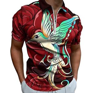 Hummingbird And Red Rose Poloshirt voor heren, met ritssluiting, casual korte mouwen, golftop, klassieke pasvorm, tennisshirt