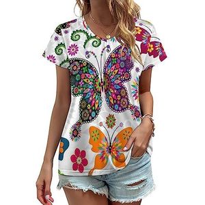 Vintage Kleurrijke Vlinder Vrouwen V-hals T-shirts Leuke Grafische Korte Mouw Casual Tee Tops 4XL