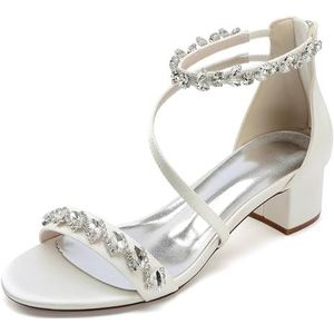 Vrouwen Open Teen Trouwschoenen Voor Bruid Chunky Blokhak Sandalen Strass Enkelband Avond Prom Party Bruidsschoenen,ivoor,35 EU