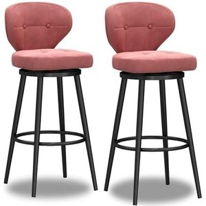 JAVYPPT Draaibare barkrukken set moderne barkrukken met rugleuning en zwarte metalen poten, fluwelen gestoffeerde hoge barstoelen voor keukeneiland/ontbijt bar/café (roze-2 stuks, 65 cm)