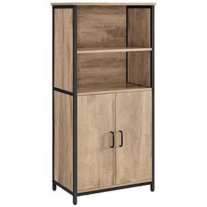 VASAGLE LSC066B50 Keukenkast, boekenkast, met 2 open vakken, kast met verstelbare planken, boekenkast met deuren, stalen frame, voor woonkamer, keuken en werkkamer, eikenbruin-zwart