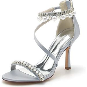 GHSIRUEU Witte Vrouwen Hak Sandalen Parel Decoratie Naaldhakken Terug rits formele avond bruiloft partij jurk schoenen,Zilver,41 EU