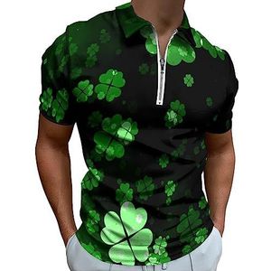Groen Gekleurde Lucky Shamrocks Polo Shirt voor Mannen Casual Rits Kraag T-shirts Golf Tops Slim Fit