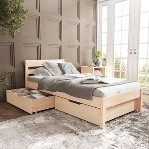 80x200 cm massief houten bed met hoofdeinde - Külli Scandi Style bedframe zonder lattenbodem incl. lattenbodem 2 opbergladen - Natuurlijke kleur - Draagvermogen 350 kg