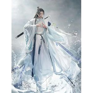 INSTR Hanfu Mannen Chinese Traditionele Borduurwerk Hanfu Mannelijke Cosplay Kostuum Fancy Dress Blauw & Wit Hanfu Set Voor Mannen 3XL
