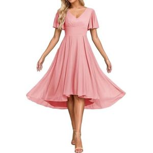 Korte Mouw Bruidsmeisje Jurken voor Bruiloft Hoge Lage Chiffon Formele Avond Party Maxi Gown Thee Lengte AH156, Koraal, 32