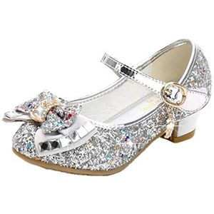 mama stadt Meisjes Prinses Schoenen Ballerina Meisje Glanzende Kristallen Schoenen Kinderschoenen voor Prinseskostuum Hakken Schoenen Maat 26-38, Zilver