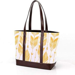 Laptop Tote tas met etnische gele veren patroon print, dragen schoudertassen casual canvas zakelijke werk draagtas aktetas voor computer school kantoor