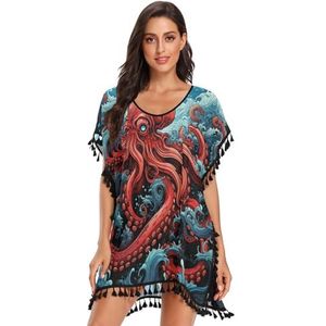 Angry Octopus Blauw Donkere Zee Strand Cover Up Chiffon Kwastje Badmode Badpak Coverups voor Meisje, Patroon, S