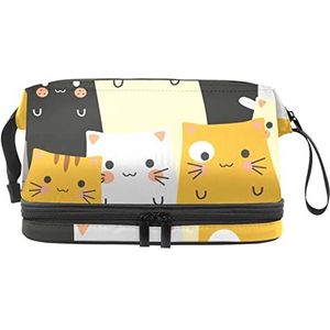 Grote capaciteit reizen cosmetische tas,Leuke katten hoofden geel grijs zwart, make-up tas,Waterdichte make-up tas organisator, Meerkleurig, 27x15x14 cm/10.6x5.9x5.5 in