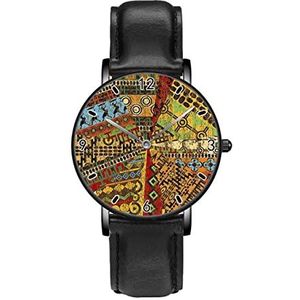 Afrikaanse Grunge Collage Met Motieven Traditionele Kunst Klassieke Patroon Horloges Persoonlijkheid Business Casual Horloges Mannen Vrouwen Quartz Analoge Horloges, Zwart