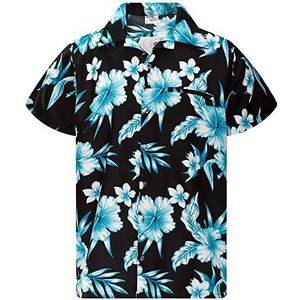 King Kameha Funky Hawaïaans shirt voor heren, casual, button-down, zeer opvallend, korte mouwen, vakantie, palmen, mono, wild, tropische bloemen, uniseks, XS
