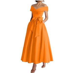 WSEYU Off Shoulder Moeder van De Bruid Bruidegom Jurken Satijn Boog Formele Avond Grootmoeder Jurken Thee Lengte ZM289, Oranje, 32