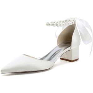 KYEGLO Dames Bruidsschoenen Met Spitse Neus Van Satijn, Sandalen Met Gesloten Neus En Parelriempje Om De Enkel, Comfortabele Schoenen Voor Wandelen En Dagelijks Gebruik,ivoor,36
