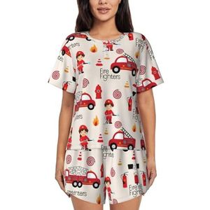 YQxwJL Kleine Meisjes In Brandweerlieden Print Vrouwen Pyjama Sets Shorts Korte Mouw Lounge Sets Nachtkleding Casual Pjs Met Zakken, Zwart, XXL