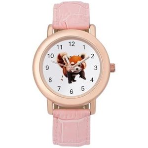Cartoon rode panda dames elegante horloge lederen band polshorloge analoge quartz horloges