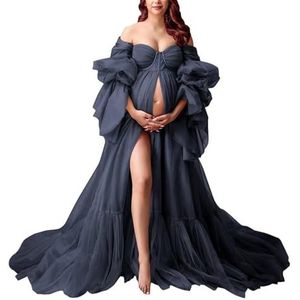 KIYNE Zwangerschapsjurk met lange mouwen voor fotoshoot, tule bruidsjurk, zwangerschapsjurk voor babyborrel, Donkerblauw, 32