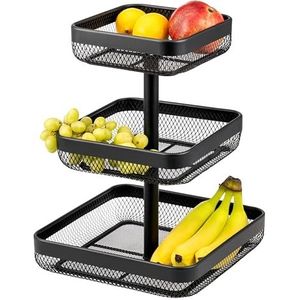 eluno Vierkante fruitetage/broodmand, etagère, fruitschaal, fruitmand van zwart metaal, veel ruimte voor de overzichtelijke opslag van fruit, groenten, brood en snacks in keuken en woonkamer