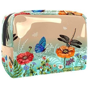 Draagbare Make-up Tas met Rits Reizen Toilettas voor Vrouwen Handige Opslag Cosmetische Pouch Libellen Vlinders Bloemen