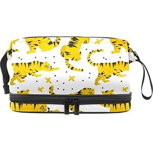 Dubbele Laag Cosmetische Tas Tijger Geel Draagbare Make-up Tas Travel Organizer Pouch voor Vrouwen Meisjes Toiletartikelen Tassen, Meerkleurig, 27x15x14 cm/10.6x5.9x5.5 in, Make-up zakje