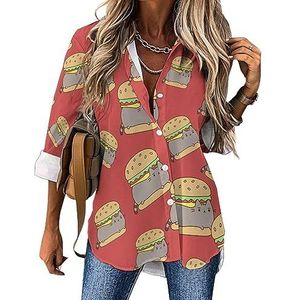 Grappige kat hamburger dames casual shirt button down lange mouwen V-hals blouses tuniek voor leggings