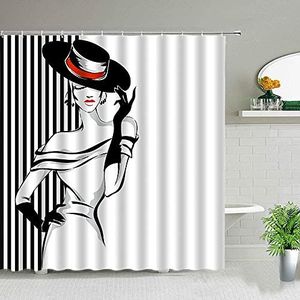 Europese stijl mooi meisje gestreepte zwart-wit douchegordijn badkamer scherm waterdichte stof bad decoratie met haak -W120xH180cm