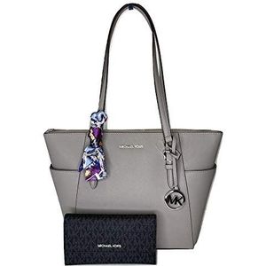 MICHAEL Michael Kors Charlotte Grote Zip Tote gebundeld met bijpassende Driebladige Portemonnee, Portemonnee Haak en Skinny Sjaal, Parel Grijs/Signature Mk Zwart