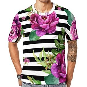 Roze bloemen - zwart-witte strepen grafisch T-shirt met korte mouwen voor heren ronde hals print casual T-shirt S